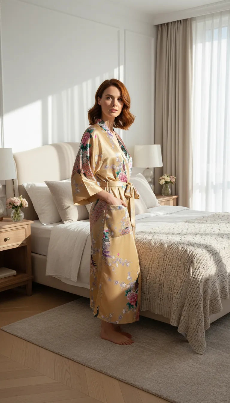 Kimono Satin Doré Femme | Style Romantique et Floral | Kimono Long 1 Pièce - Mise en situation portée