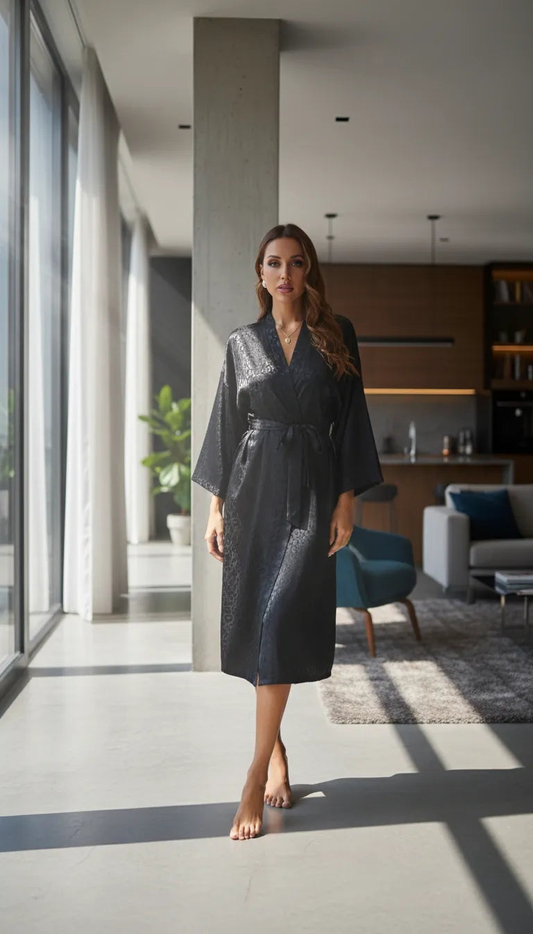 Kimono Satin Noir Femme | Motif Léopard | Coupe Kimono Longue | Manches Larges | 1 Pièce - Mise en situation portée