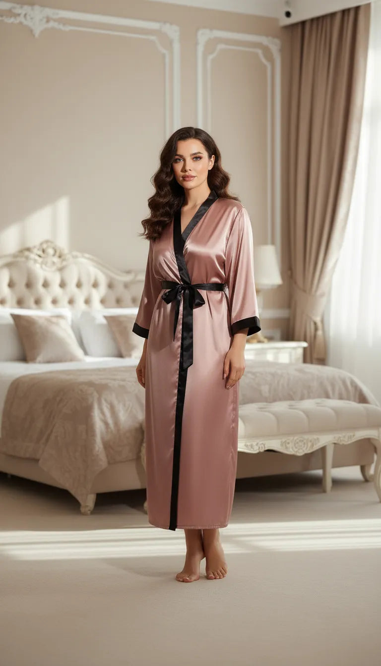 Kimono en Satin Rose et Noir pour Femme | Élégance Longue | Ceinture Noire | 1 Pièce - Mise en situation portée