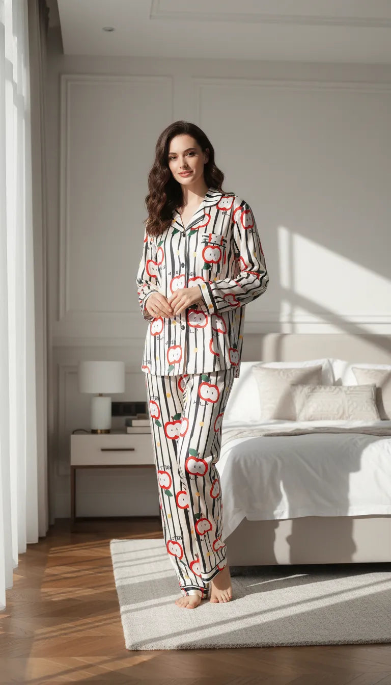 Pyjama Satin Blanc | Moderne chic | Chemise boutonnée Femme | Ensemble 2 Pièces - Mise en situation portée