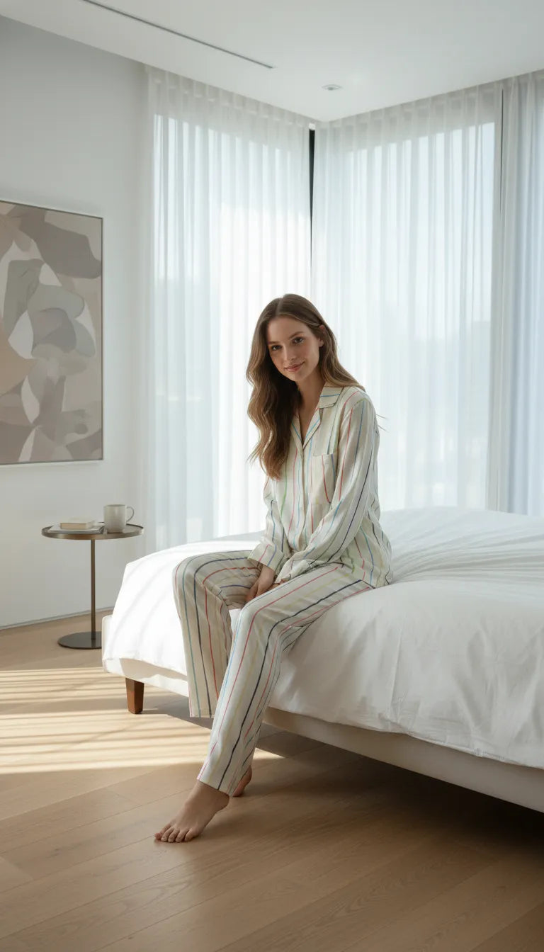 Pyjama Satin Blanc Rayé Multicolor | Moderne Chic | Chemise et Pantalon Femme | Ensemble 2 Pièces - Mise en situation portée