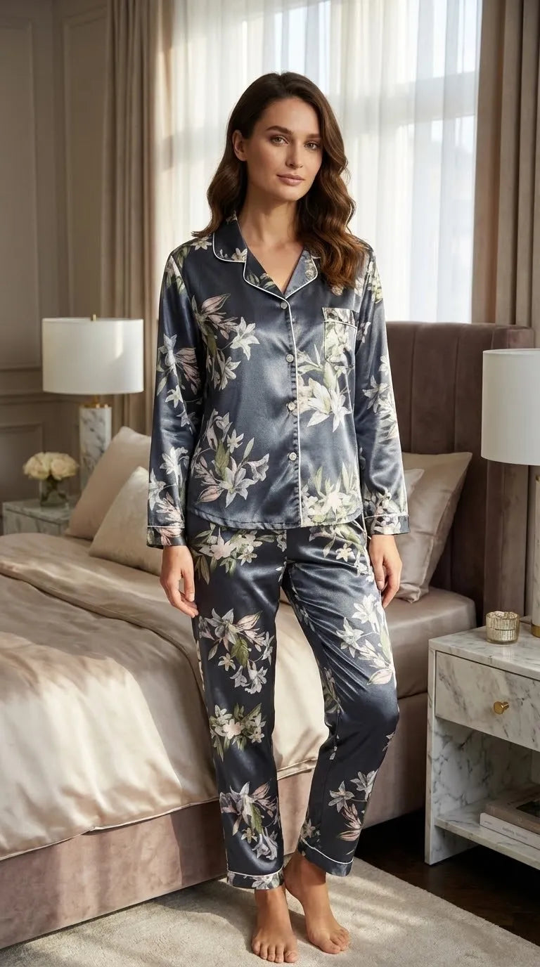 Pyjama Satin Bleu-Gris à Fleurs pour Femme | Ensemble Chemise Manches Longues & Pantalon | 2 Pièces - Mise en situation portée
