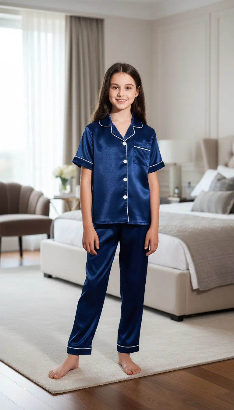 Pyjama Satin Bleu Marine pour Fille | Classique Revisité | Chemise Manches Courtes & Pantalon | Ensemble 2 Pièces - Mise en situation portée