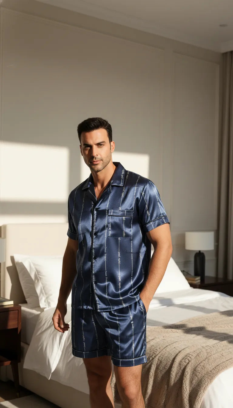 Pyjama Satin Bleu Nuit pour Homme | Moderne Chic avec Inscription | Chemise Manches Courtes et Short | Ensemble 2 Pièces - Mise en situation portée