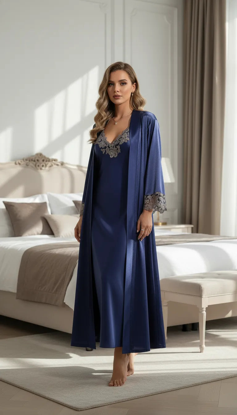 Pyjama Satin Bleu Nuit pour Femme | Nuisette Décolletée et Robe de Chambre Longue Dentelle | Ensemble 2 Pièces - Mise en situation portée