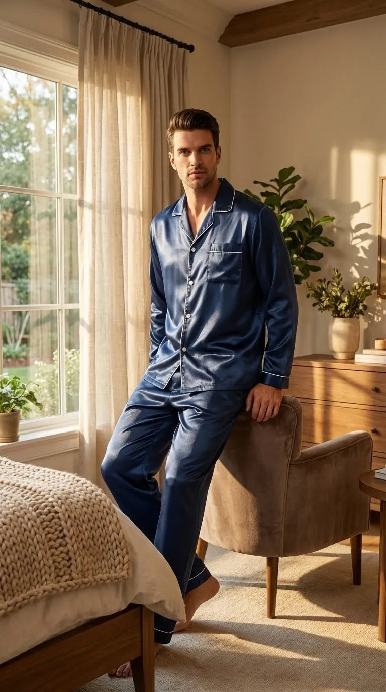 Pyjama Satin Bleu Nuit pour Homme | Classique et Élégant | Chemise à Manches Longues & Pantalon | Ensemble 2 Pièces - Mise en situation portée