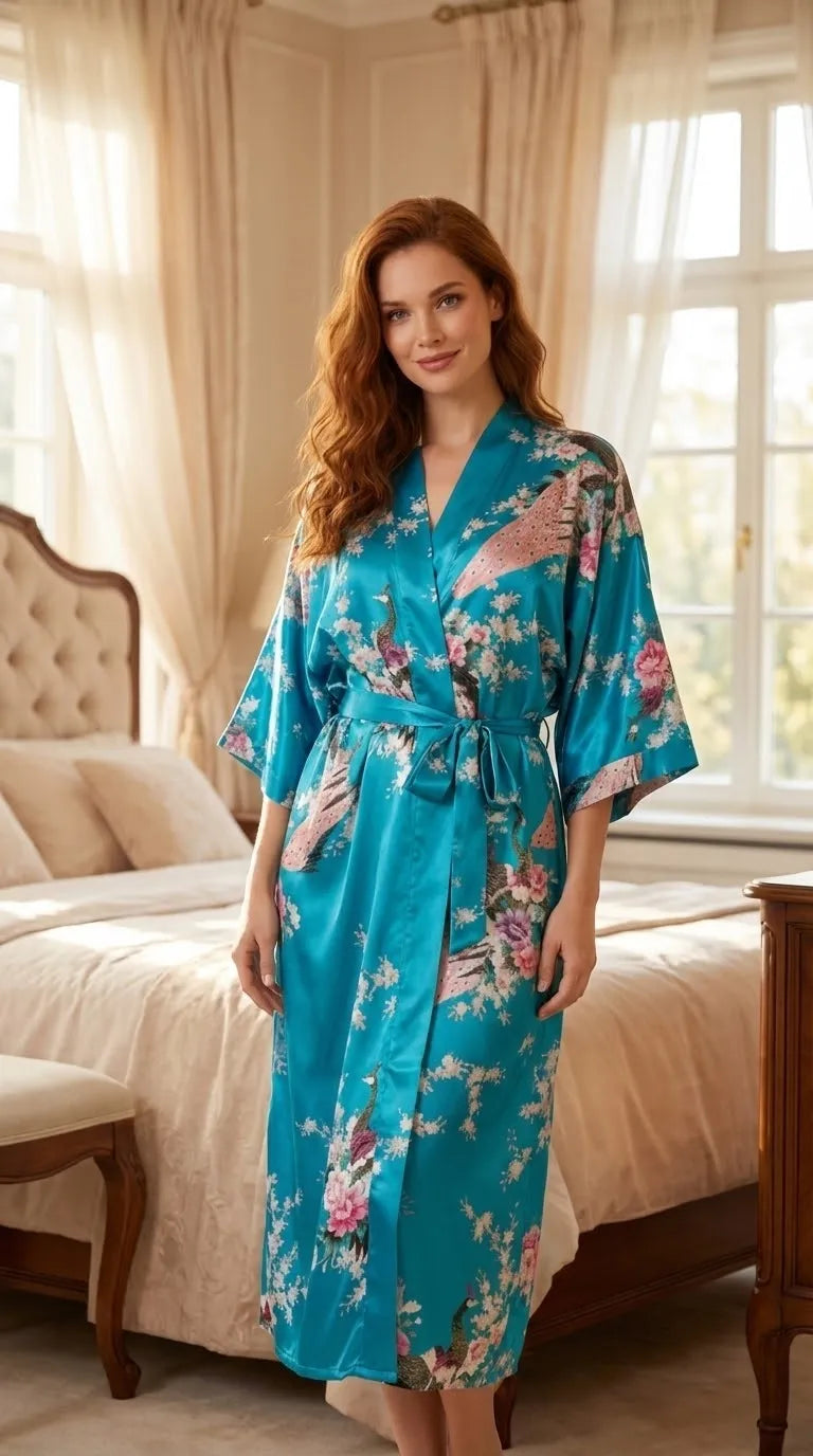 Pyjama Satin Bleu Turquoise pour Femme | Kimono Long à Imprimé Floral et Manches Larges | 1 Pièce - Mise en situation portée