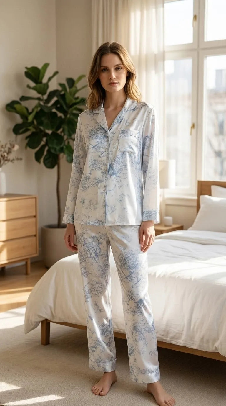 Pyjama Satin Bleu et Blanc Femme | Ensemble Classique Imprimé | Chemise Manches Longues et Pantalon | 2 Pièces - Mise en situation portée