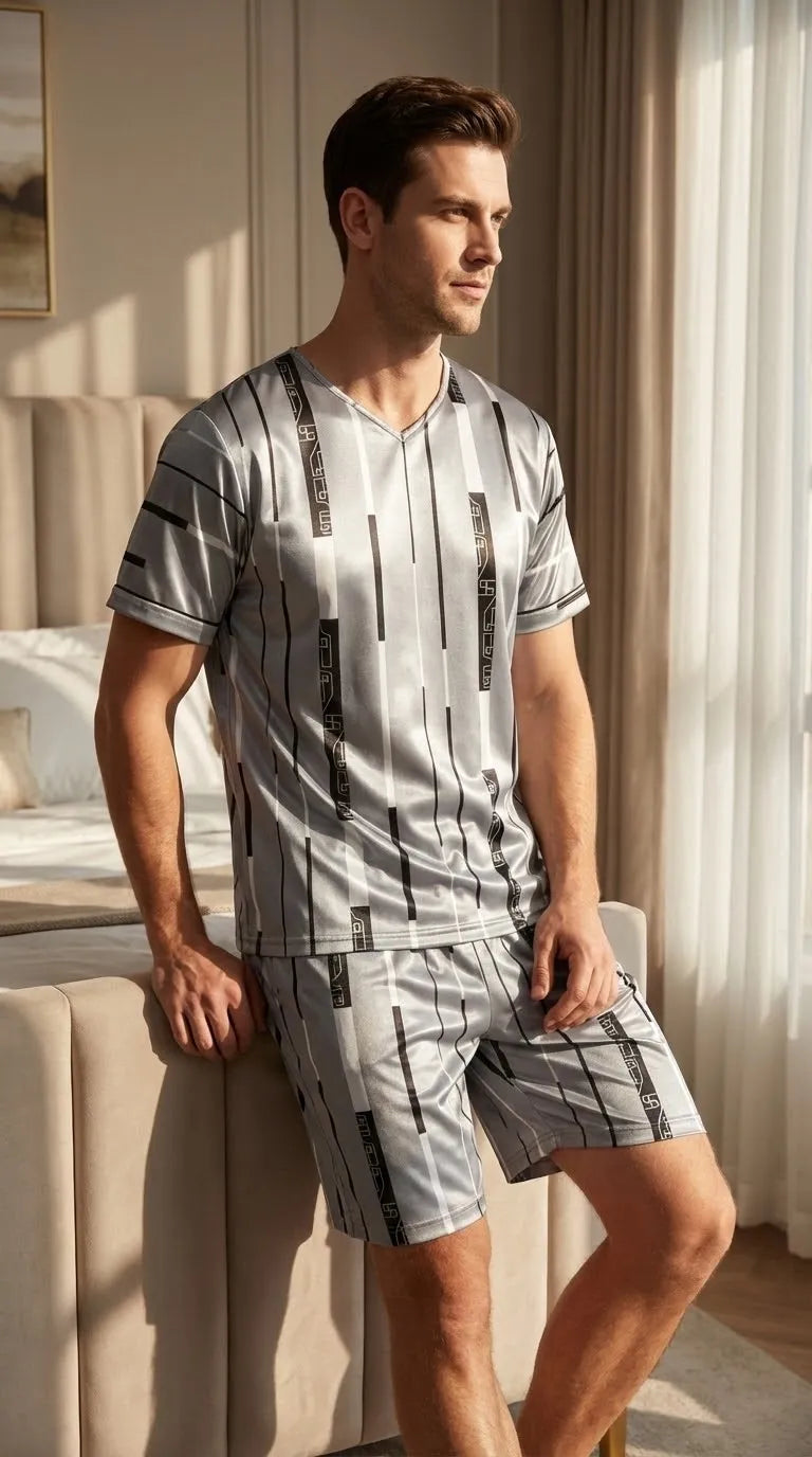 Pyjama Satin Gris Argenté pour Homme | Moderne et Graphique | Chemise Manches Courtes et Short | Ensemble 2 pièces. - Mise en situation portée