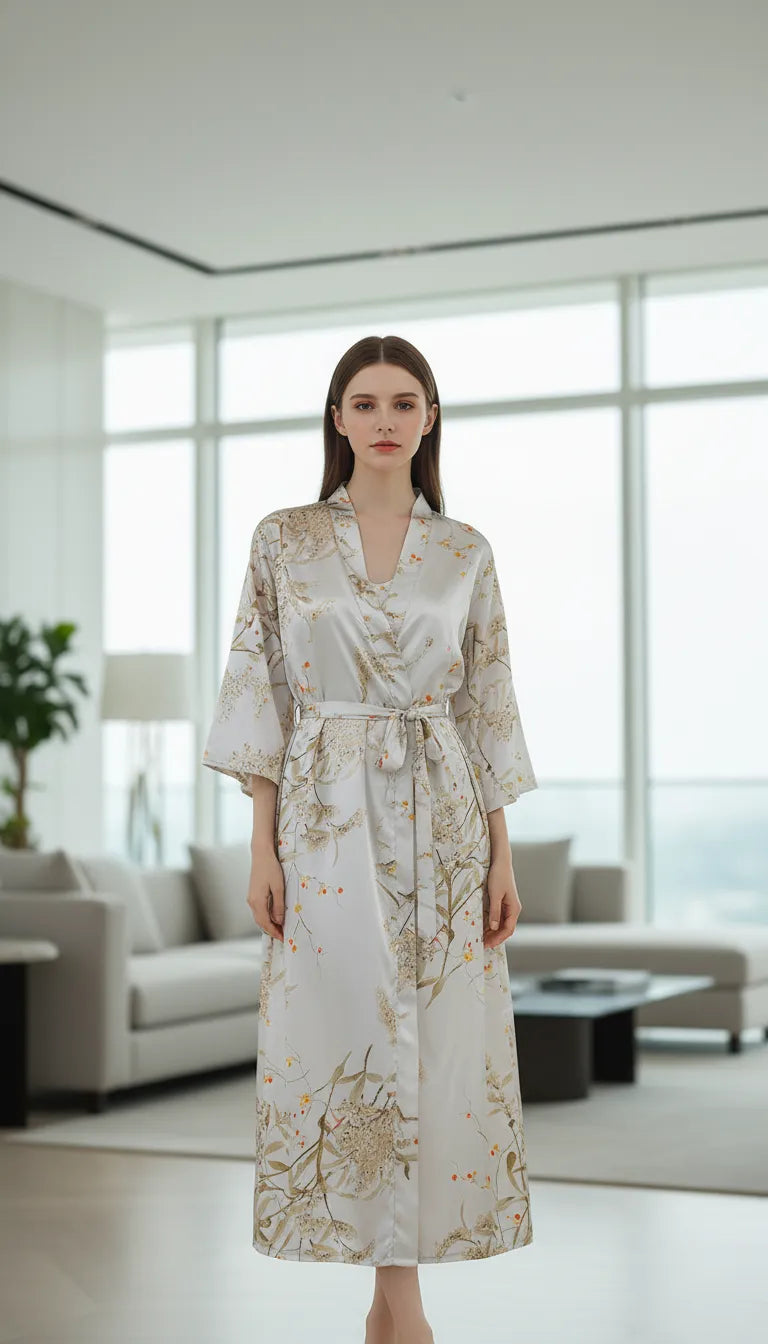 Pyjama Satin Ivoire et Floral pour Femme | Peignoir Long et Ensemble 4 Pièces | Débardeur, Short, Haut et Accessoire - Mise en situation portée