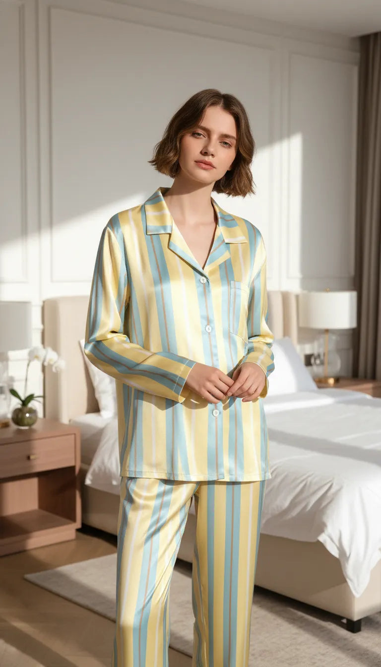 Pyjama Satin Jaune et Bleu | Moderne chic | Chemise & Pantalon Femme | 2 Pièces - Mise en situation portée