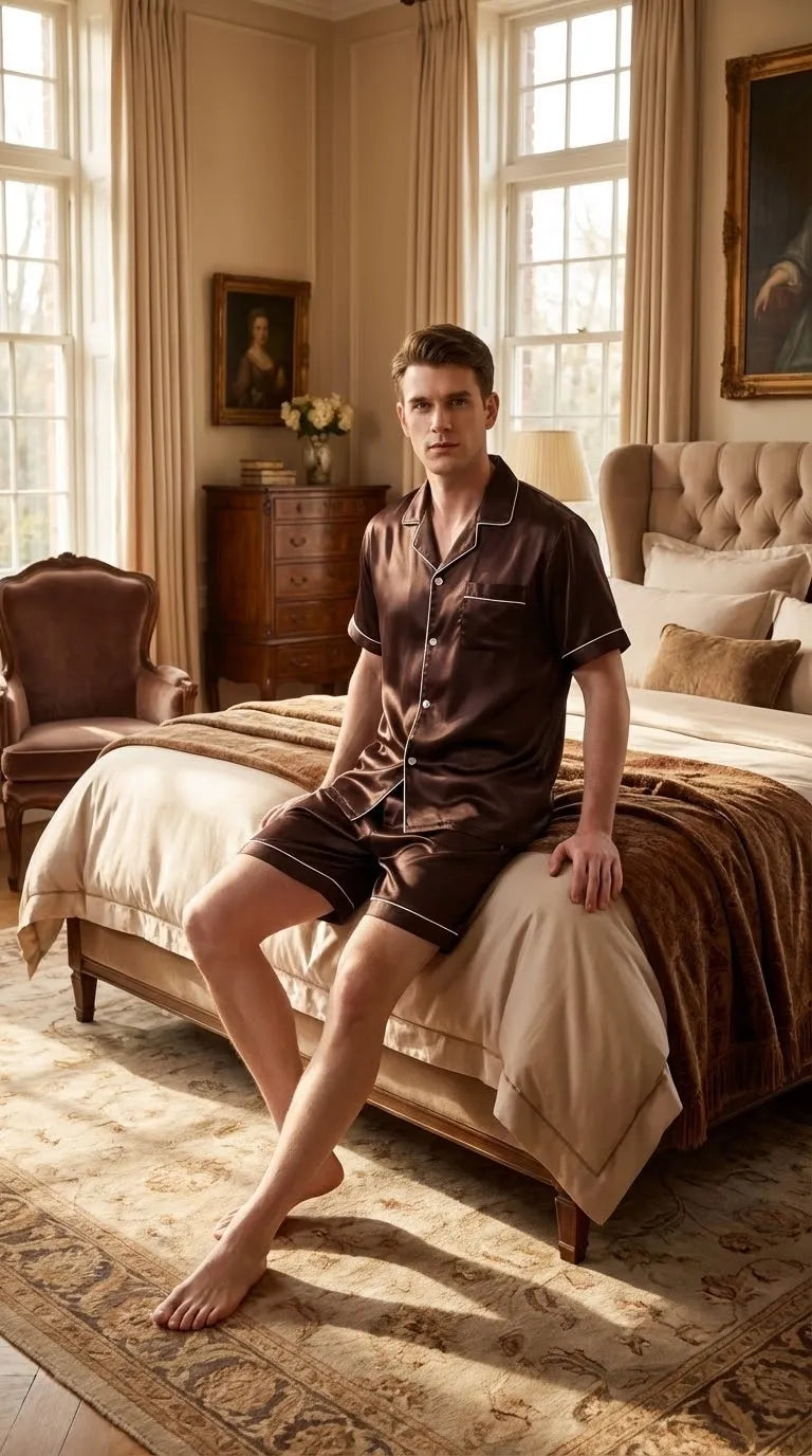 Pyjama Satin Marron Homme | Moderne Chic | Short et Chemise Manches Courtes | 2 Pièces - Mise en situation portée
