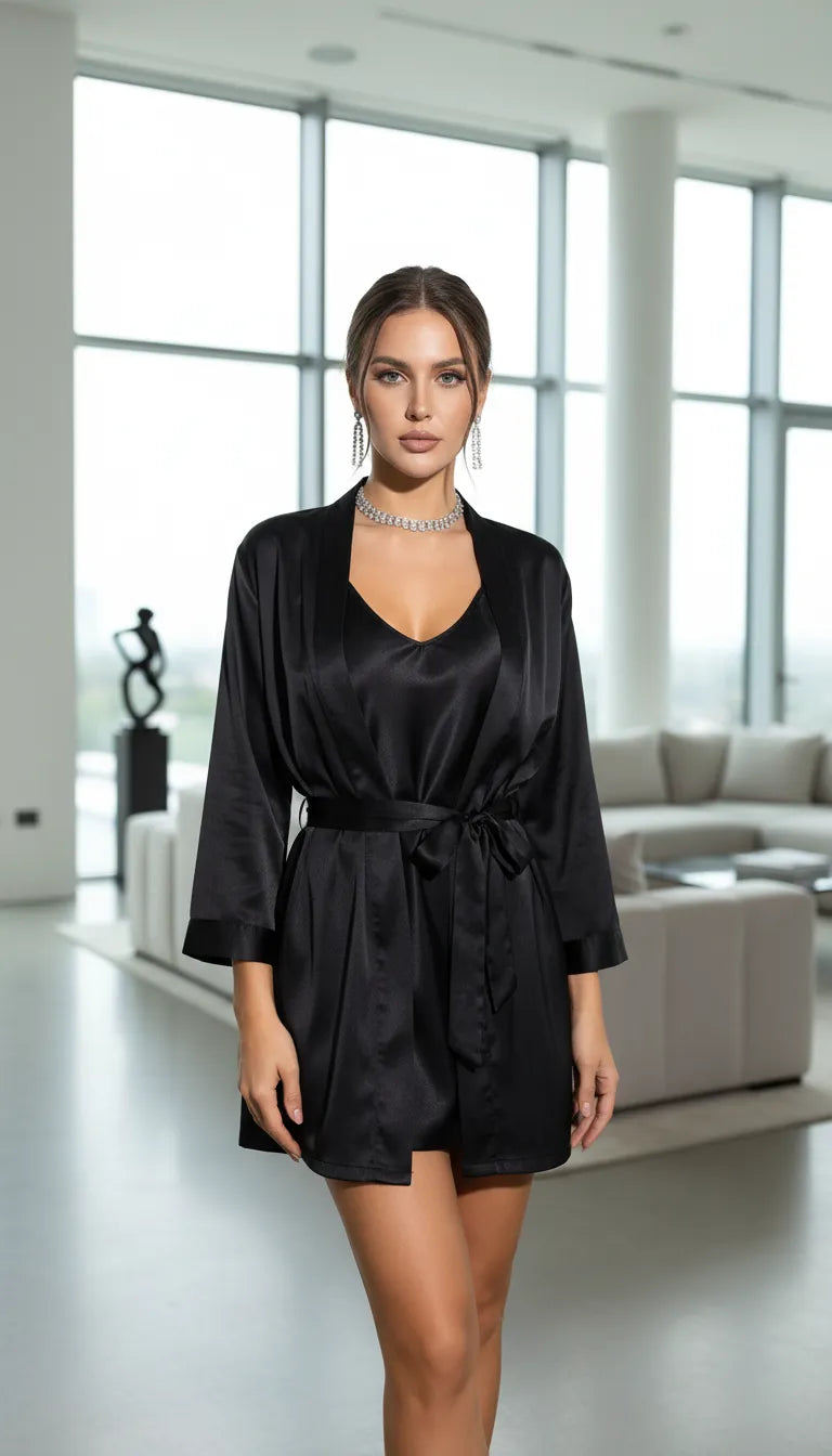 Pyjama Satin Noir Femme | Nuisette Décolletée et Kimono Fluide | 2 Pièces - Mise en situation portée