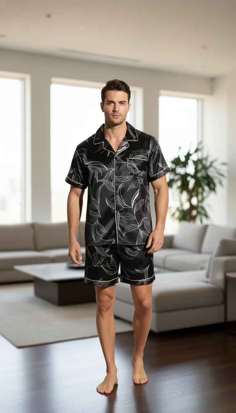 Pyjama Satin Noir Homme | Motif Feuilles | Short et Chemise Manches Courtes | 2 pièces - Mise en situation portée