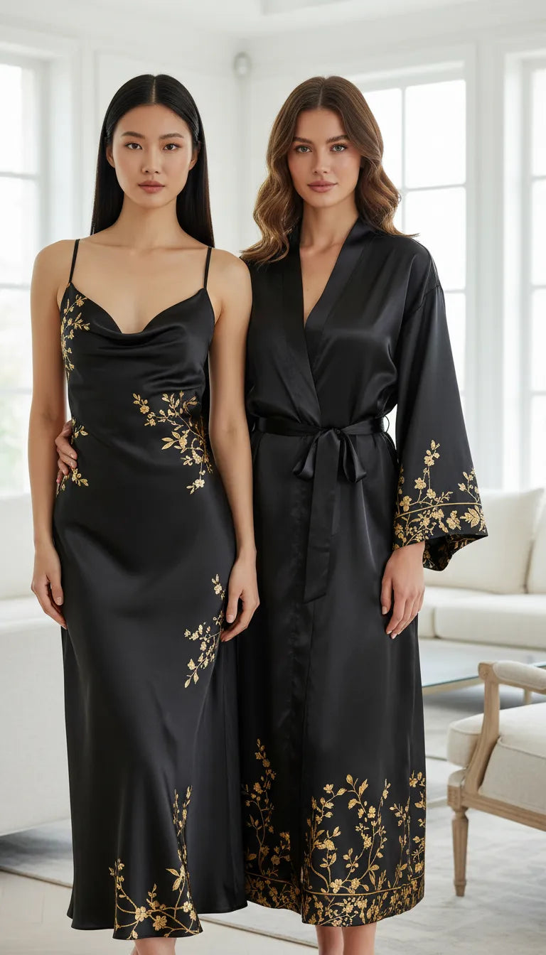 Pyjama Satin Noir & Doré pour Femme | Kimono Long & Nuisette avec Short | Ensemble 4 Pièces - Mise en situation portée