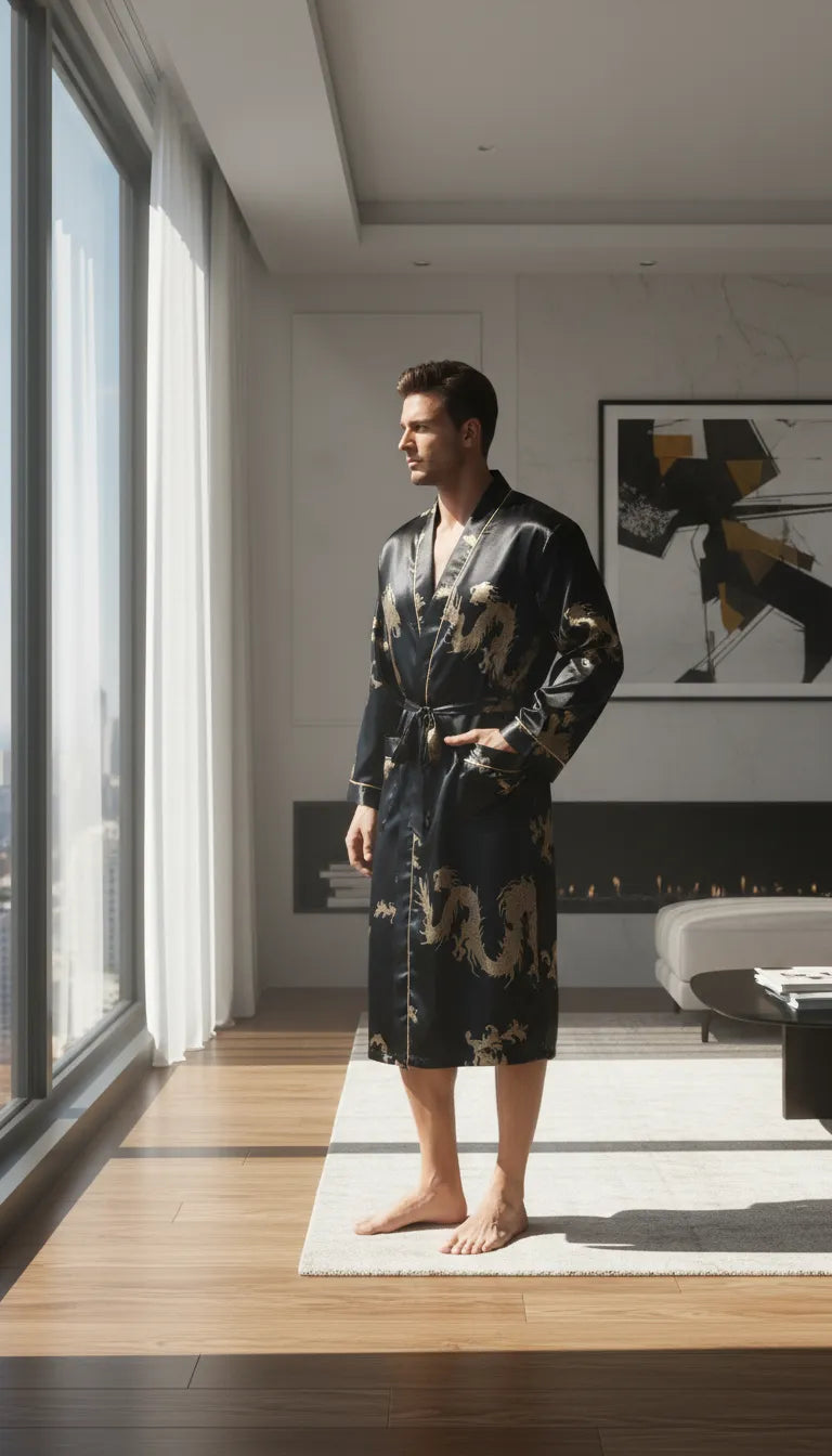 Pyjama Satin Noir et Or pour Homme | Kimono Dragon Long | 1 Pièce - Mise en situation portée