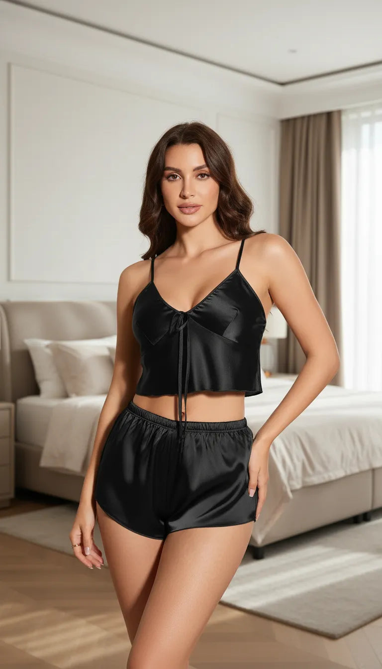 Pyjama Satin Noir pour Femme | Débardeur à nouer & Shorty | Ensemble 2 Pièces - Mise en situation portée