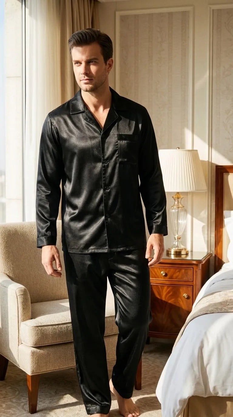 Pyjama Satin Noir pour Homme | Chemise à manches longues et pantalon | Ensemble 2 pièces - Mise en situation portée