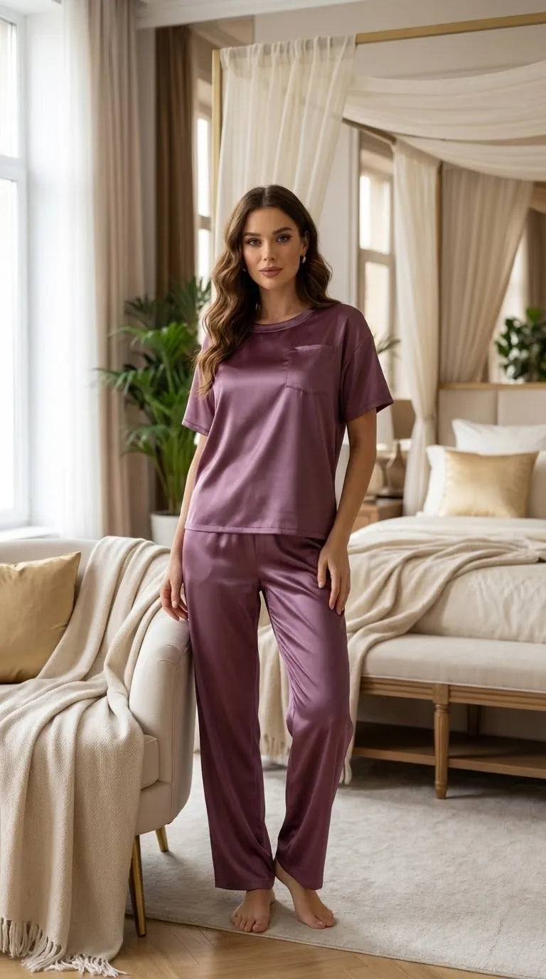 Pyjama Satin Prune pour Femme | Chic et Moderne | Ensemble T-shirt Manches Courtes et Pantalon | 2 Pièces - Mise en situation portée
