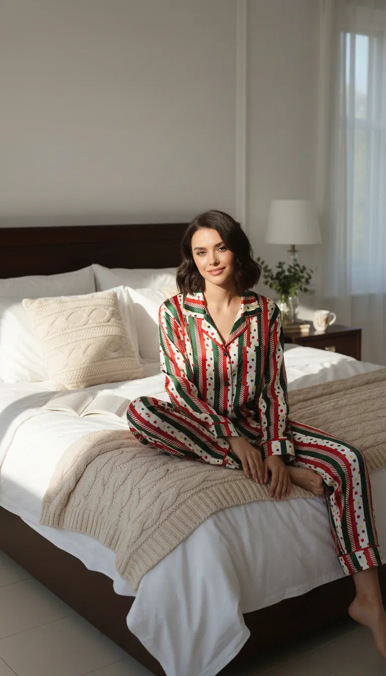 Pyjama Satin Rayures & Pois Vert et Rouge pour Femme | Chic & Cosy | Chemise Manches Longues et Pantalon | 2 Pièces - Mise en situation portée