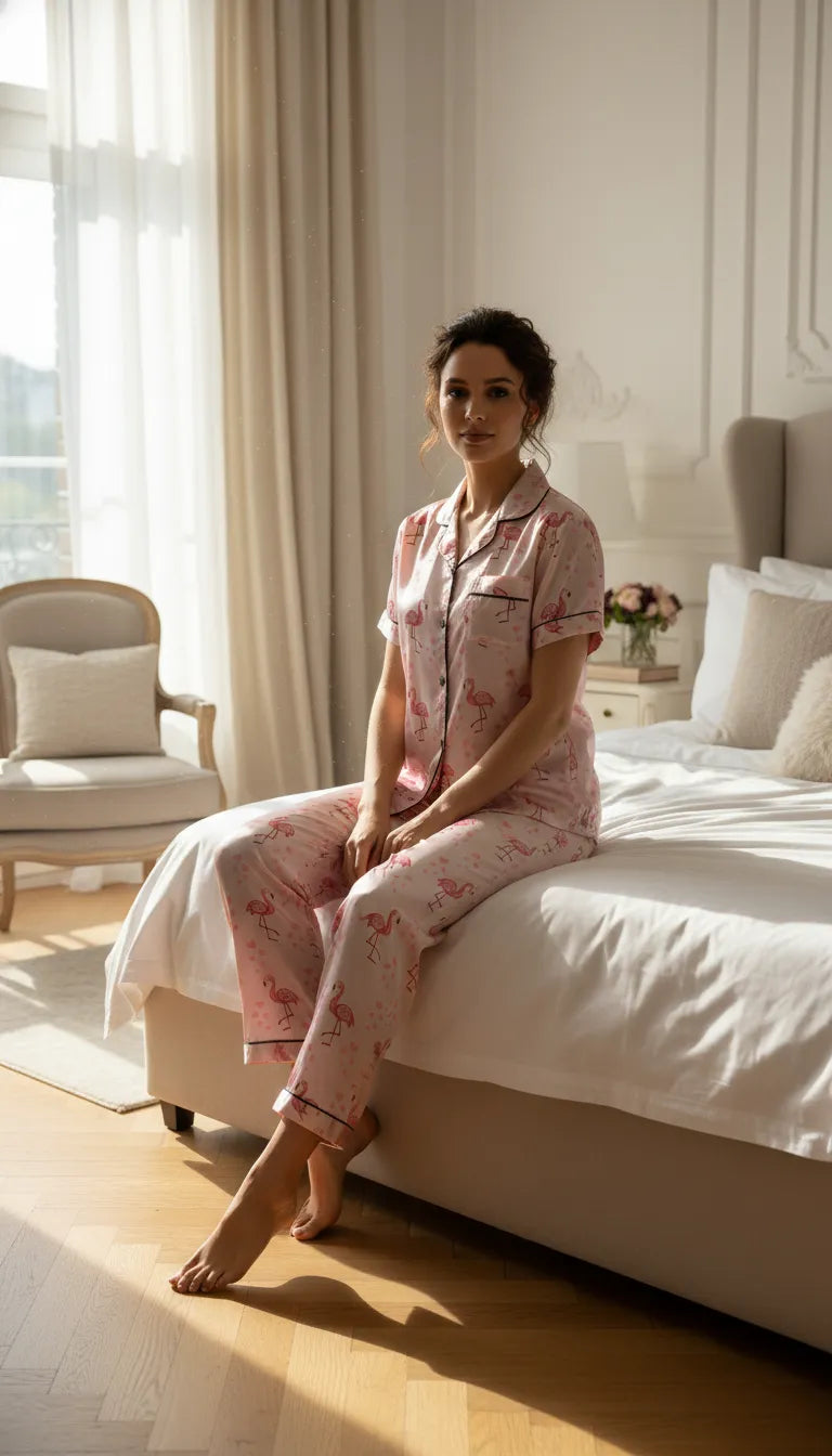 Pyjama Satin Rose Flamant Rose pour Femme | Chic & Confortable | Chemise Manches Courtes & Pantalon 2 Pièces - Mise en situation portée