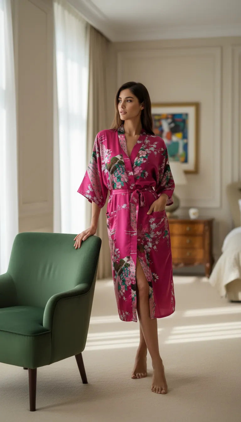 Pyjama Satin Rose Fleurie pour Femme | Kimono Long et Pantalon | Ensemble 2 Pièces - Mise en situation portée