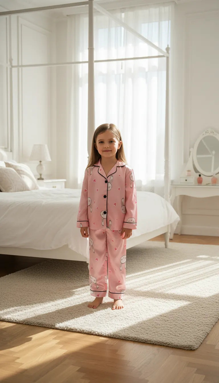 Pyjama Satin Rose Poudré Fille | Ensemble Chemise Boutonnée & Pantalon Imprimé Lapins Mignons | 2 Pièces - Mise en situation portée