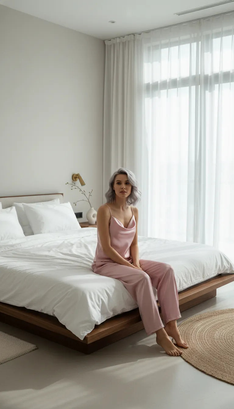Pyjama Satin Rose Poudré pour Femme | Débardeur à Bretelles Fines & Pantalon Fluide | Ensemble 2 Pièces - Mise en situation portée
