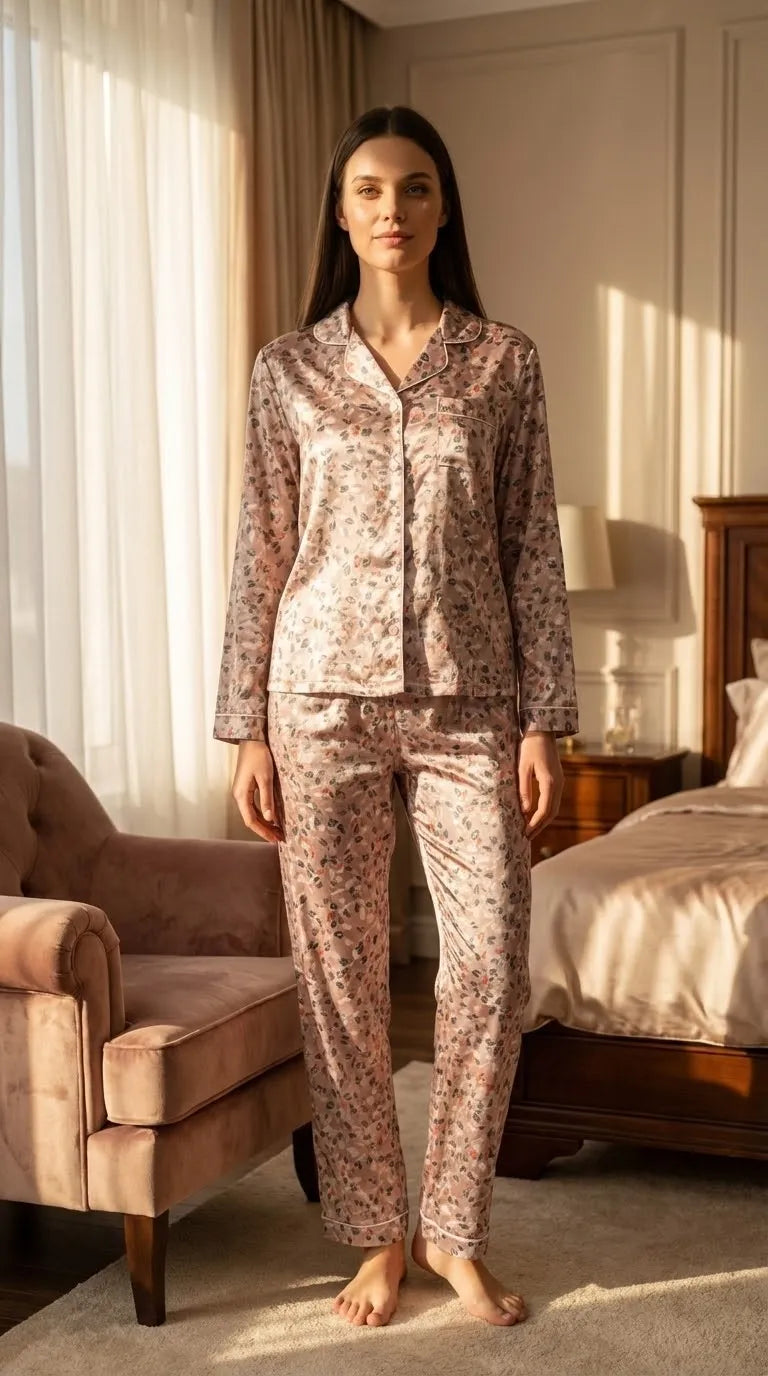Pyjama Satin Rose Poudré pour Femme | Ensemble Chemise et Pantalon à Manches Longues | 2 Pièces - Mise en situation portée