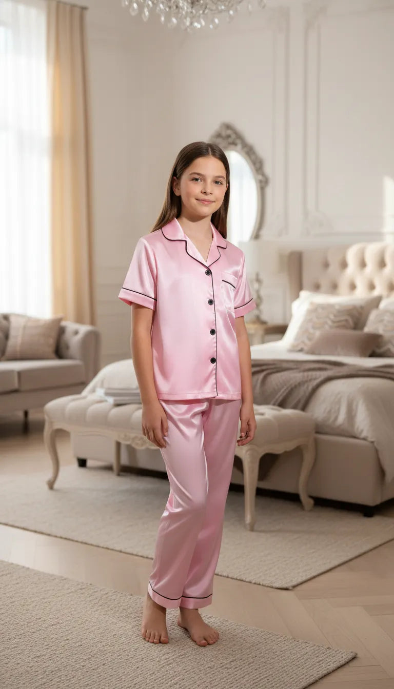 Pyjama Satin Rose Poudré pour Fille | Moderne Chic avec liserés noirs | Chemise manches courtes & Pantalon | 2 Pièces - Mise en situation portée