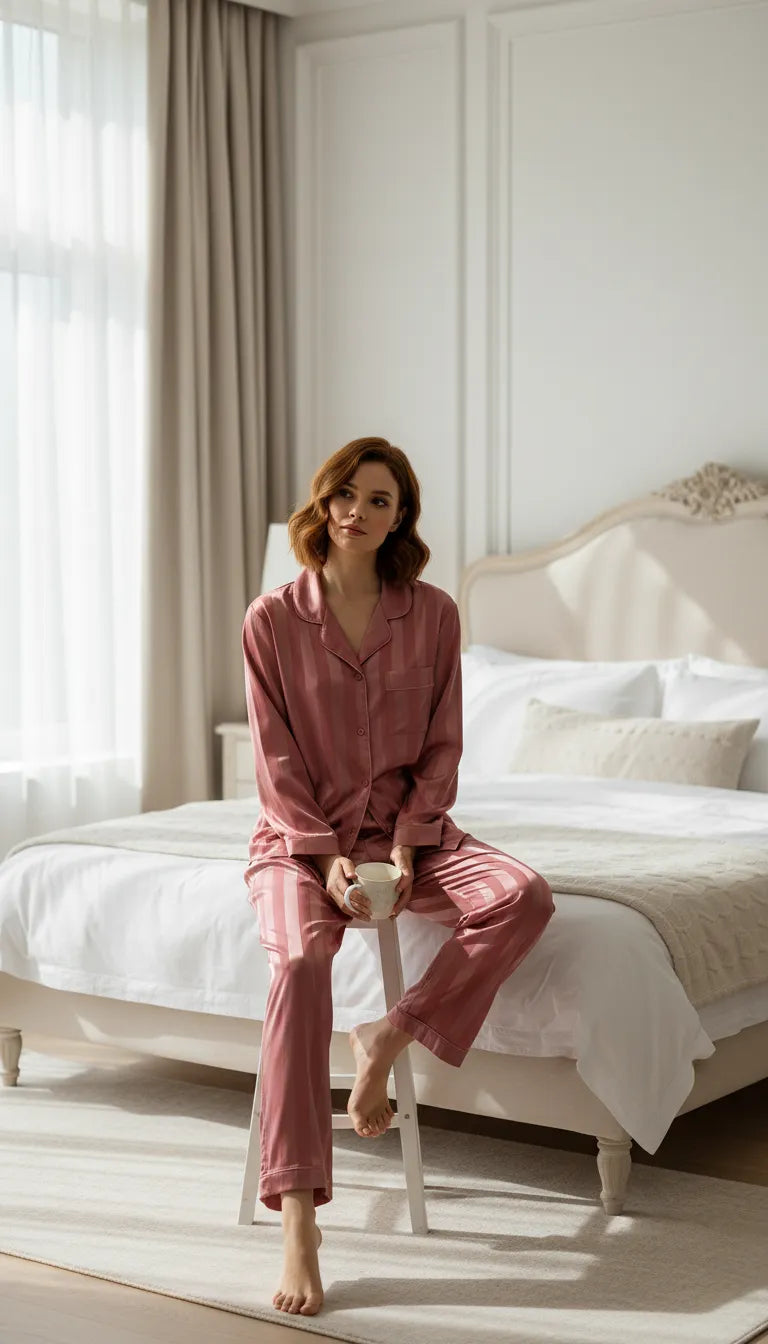 Pyjama Satin Rose à Rayures pour Femme | Chemise à Manches Longues & Pantalon | 2 Pièces - Mise en situation portée