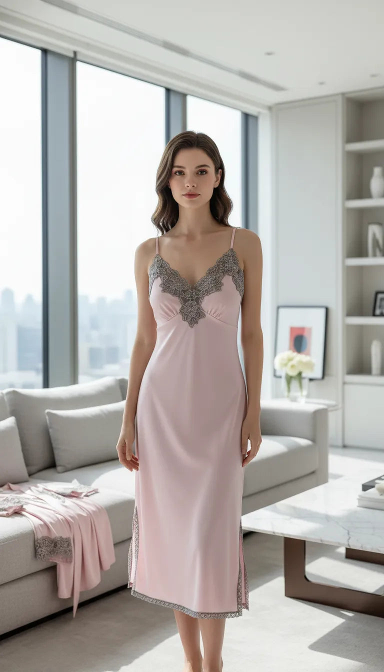 Pyjama Satin Rose et Gris pour Femme | Nuisette Décolletée et Short Dentelle | Robe de chambre courte | Ensemble 5 Pièces - Mise en situation portée