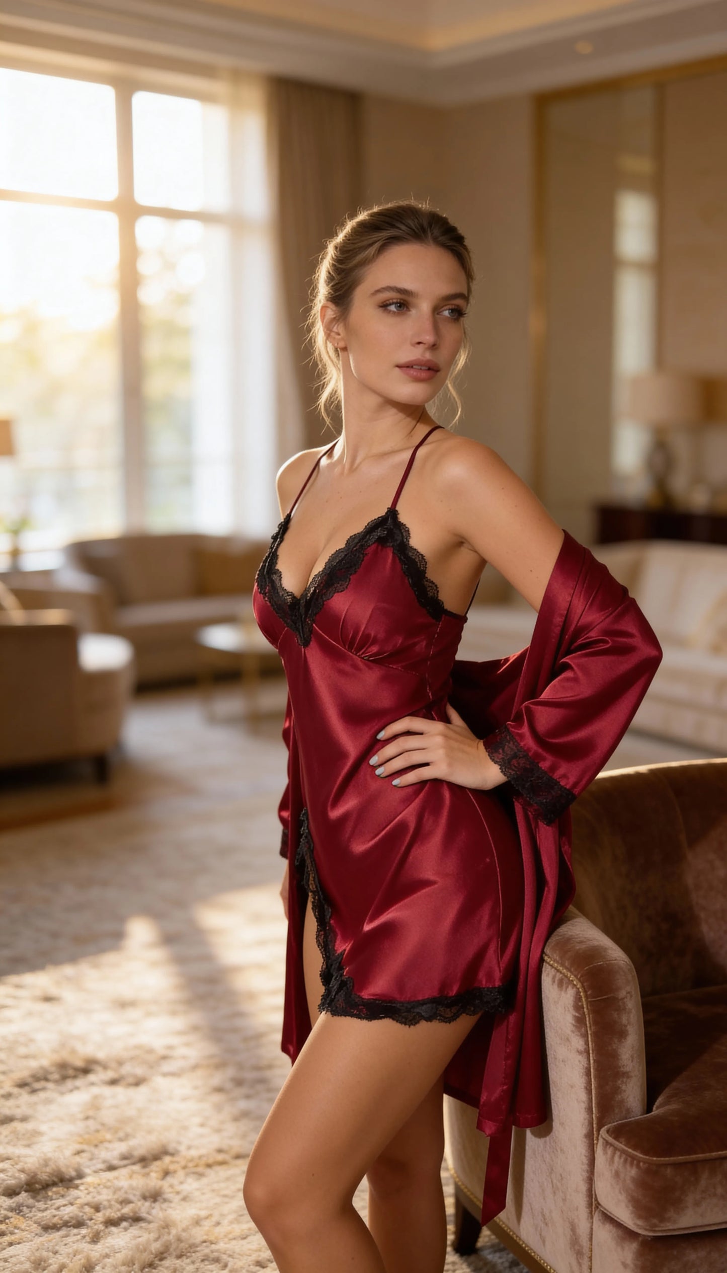 Pyjama Satin Rouge | Nuisette Romantique avec Kimono Femme | 2 Pièces - Mise en situation portée