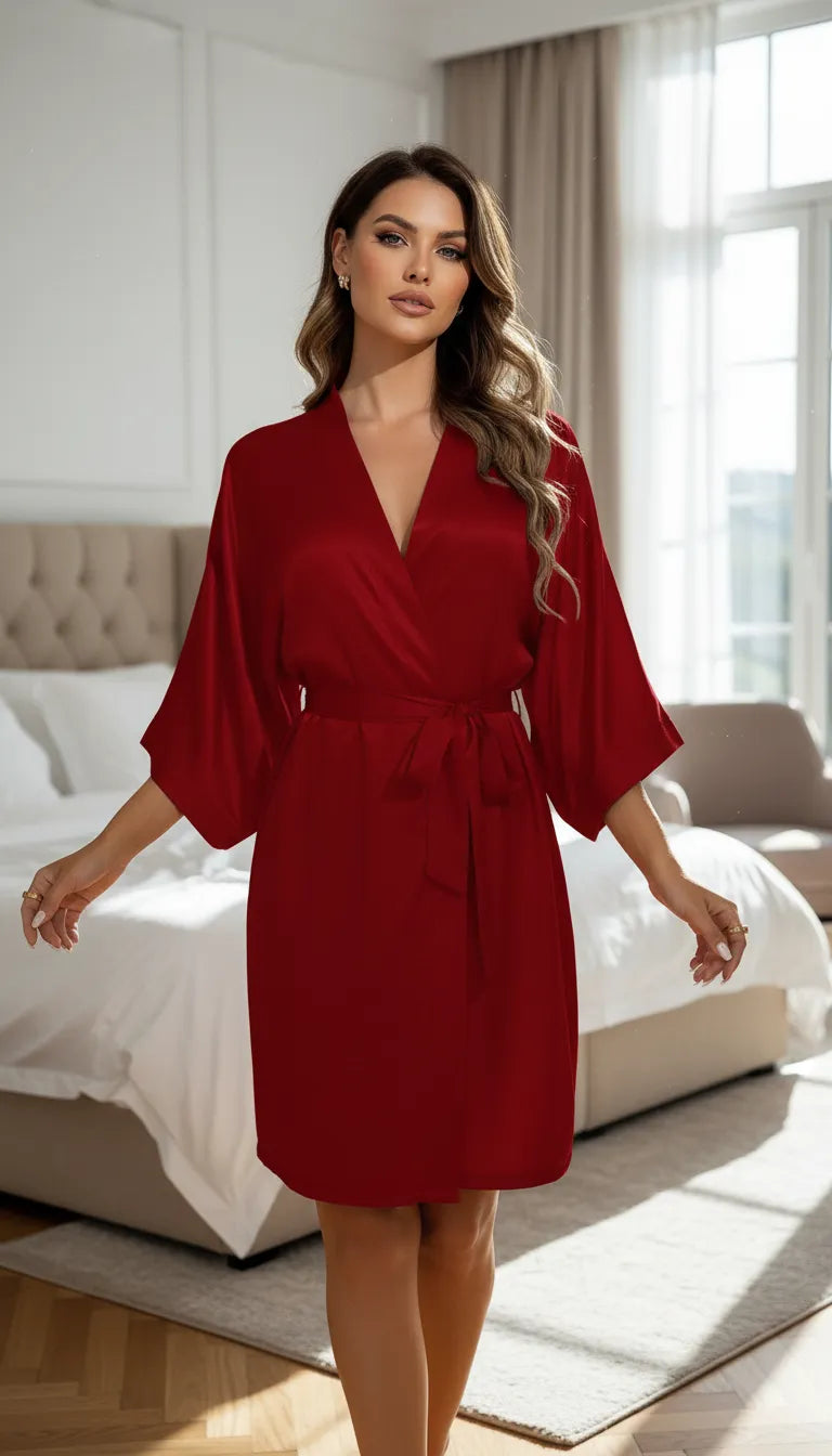 Pyjama Satin Rouge Bordeaux pour Femme | Kimono Long Fluide | Ceinture | 1 Pièce - Mise en situation portée