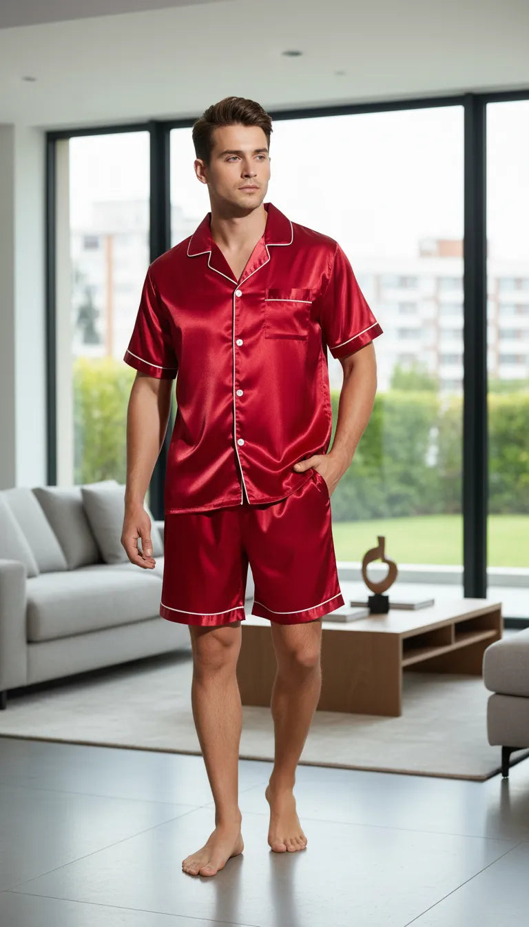Pyjama Satin Rouge Écarlate pour Homme | Chemise à Manches Courtes et Short | Ensemble 2 Pièces - Mise en situation portée