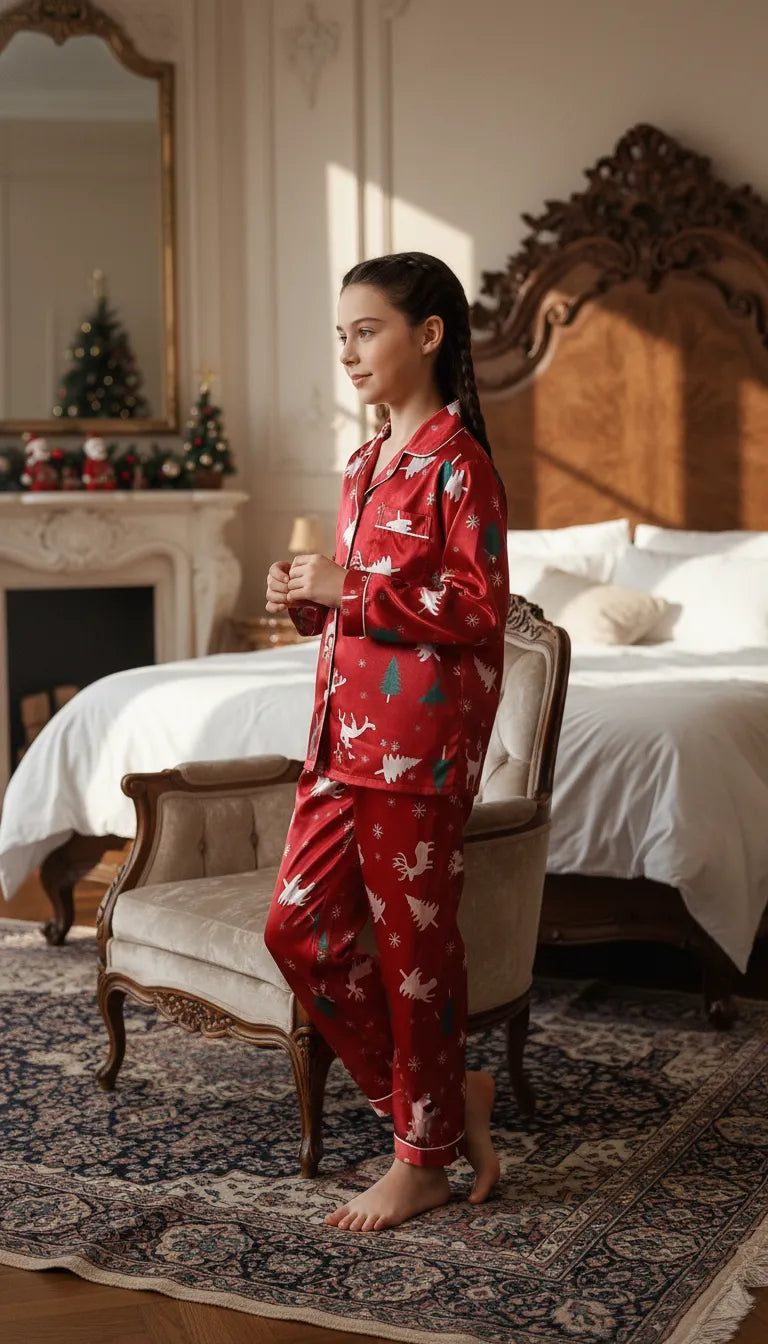 Pyjama Satin Rouge Noël Fille | Ensemble Chemise & Pantalon | Manches longues | 2 Pièces - Mise en situation portée