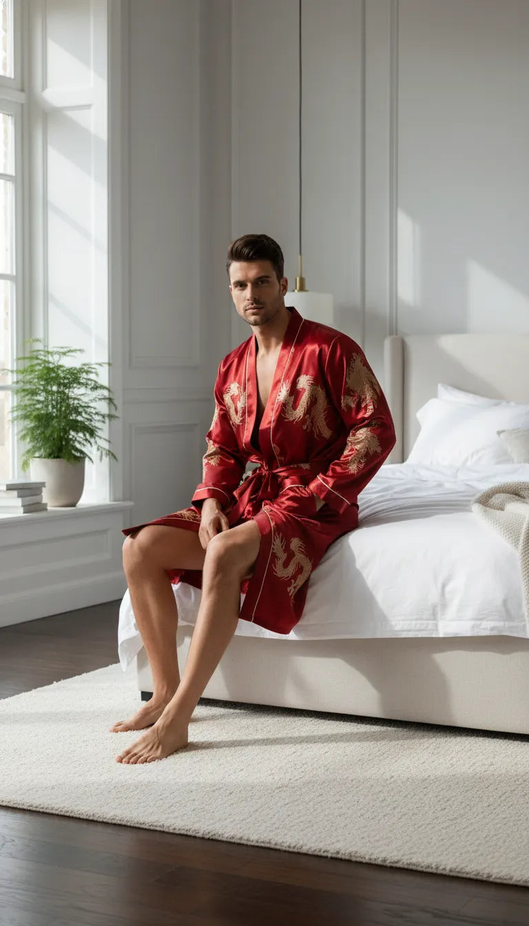 Pyjama Satin Rouge & Or pour Homme | Kimono Dragon Long | Shorty | Manches Longues | 2 Pièces - Mise en situation portée