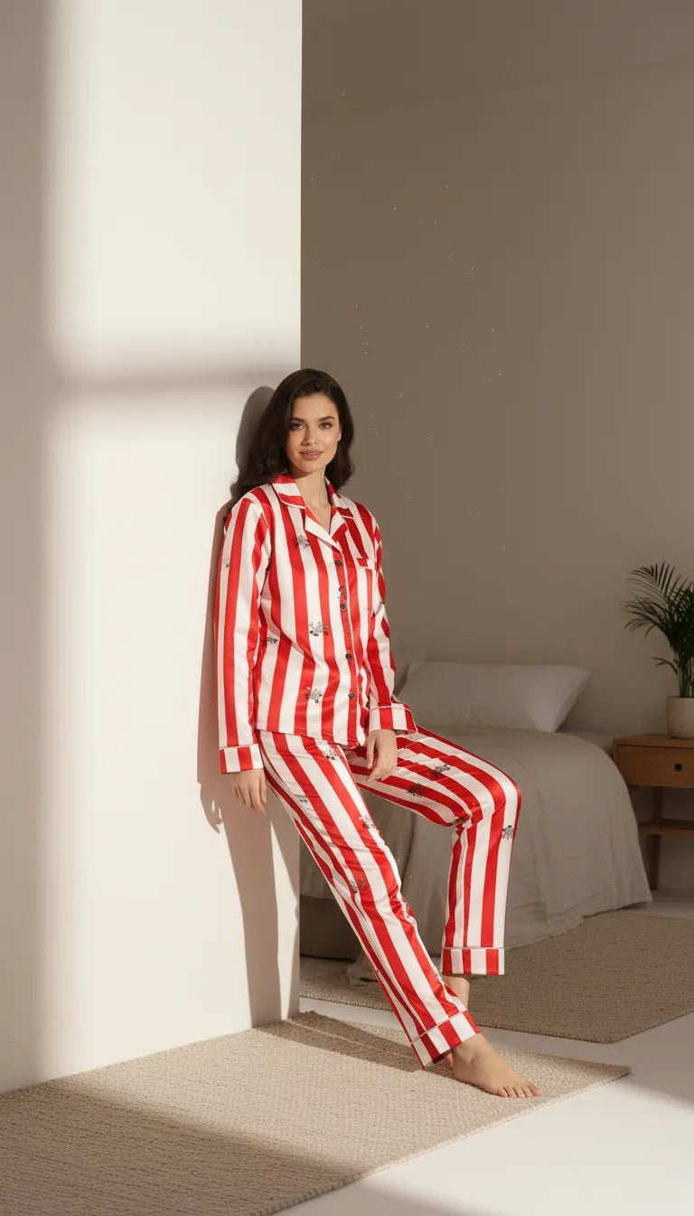Pyjama Satin Rouge et Blanc | Moderne Chic | Chemise Femme | Ensemble 2 Pièces - Mise en situation portée