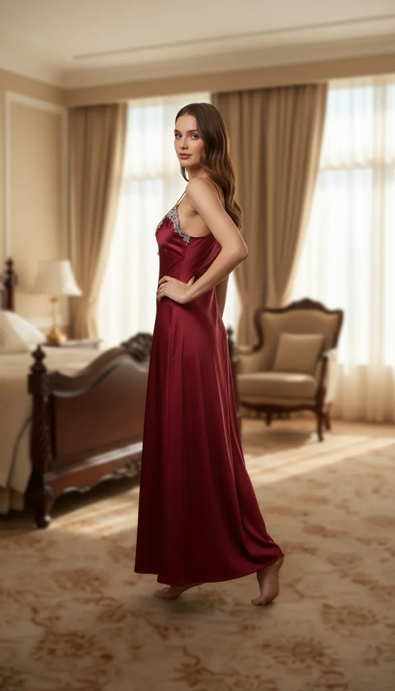 Pyjama Satin Rouge pour Femme | Nuisette à Dentelle & Ensemble 4 Pièces | Short & Pantalon - Mise en situation portée