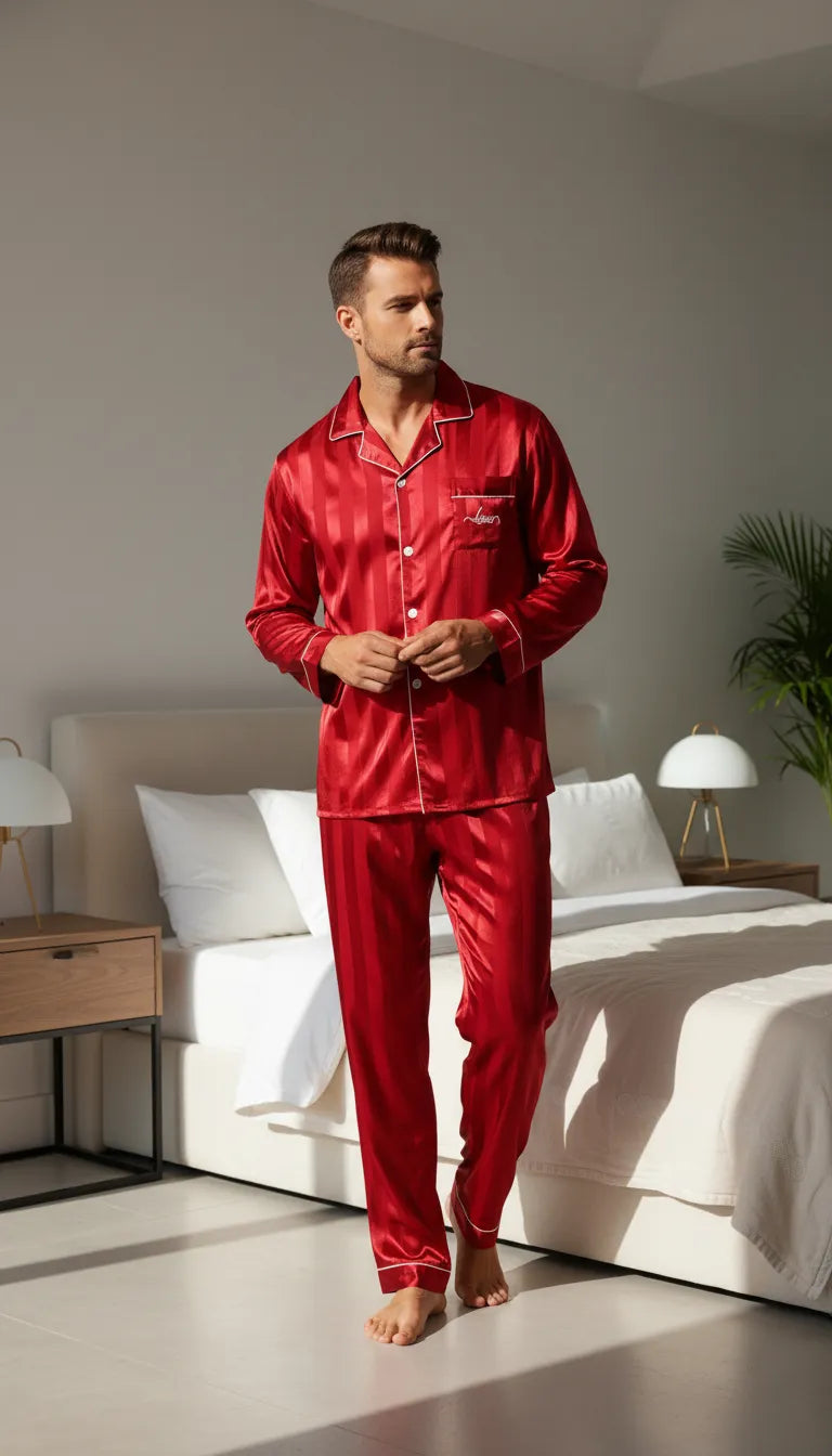 Pyjama Satin Rouge pour Homme | Classique Rayé avec Détails Blancs | Chemise Manches Longues et Pantalon | 2 Pièces - Mise en situation portée