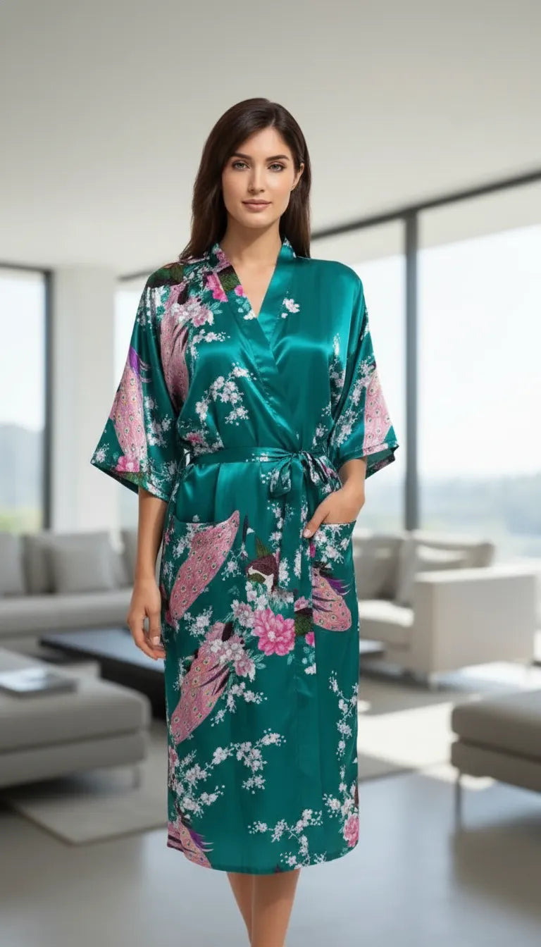 Pyjama Satin Vert pour Femme | Kimono Long à Motifs Floraux | 1 Pièce - Mise en situation portée