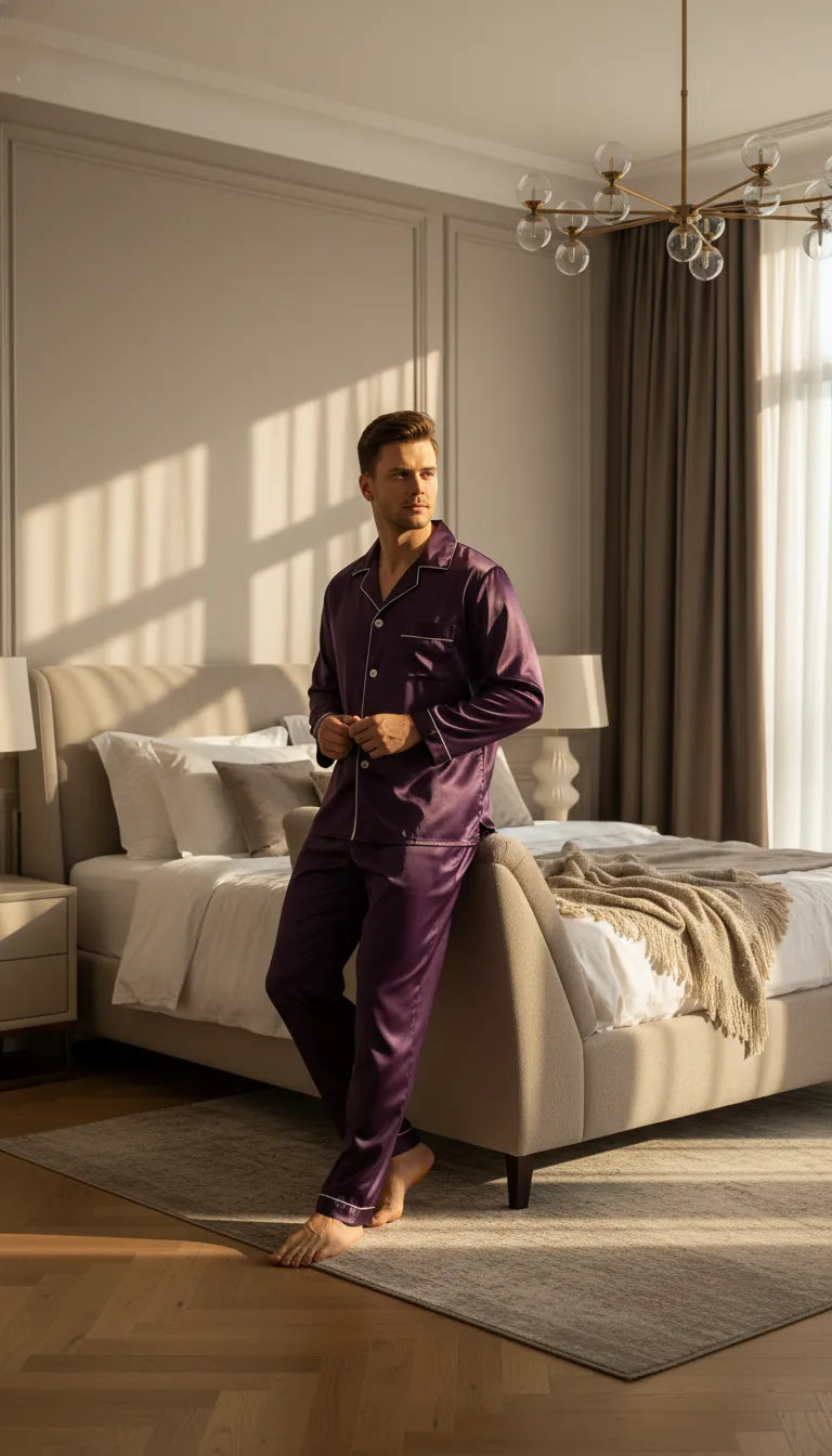 Pyjama Satin Violet Homme | Ensemble Classique 2 Pièces | Pantalon Long | Manches Longues - Mise en situation portée