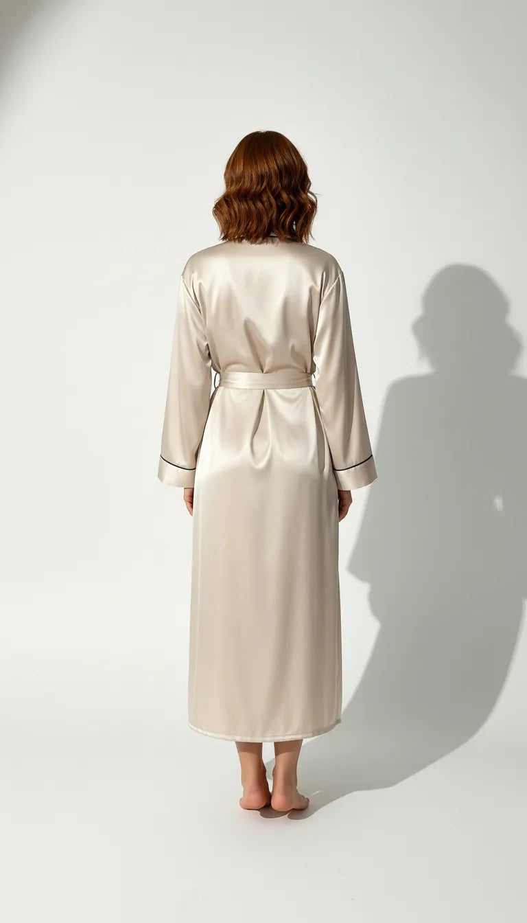 Kimono Satin Beige Femme | Kimono Long à liseré noir | 1 Pièce - Vue de dos