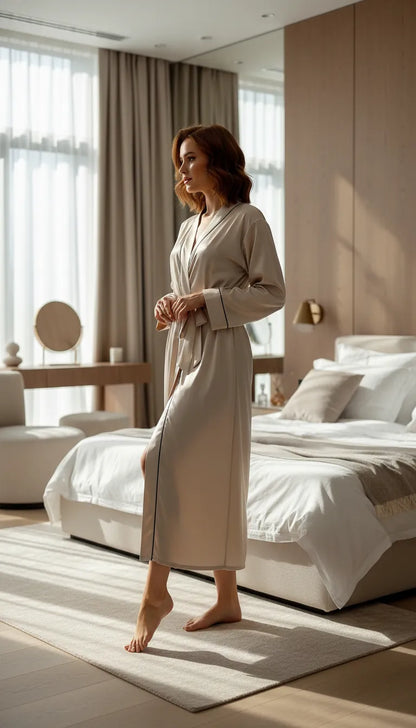 Kimono Satin Beige Femme | Kimono Long à liseré noir | 1 Pièce - Mise en situation portée