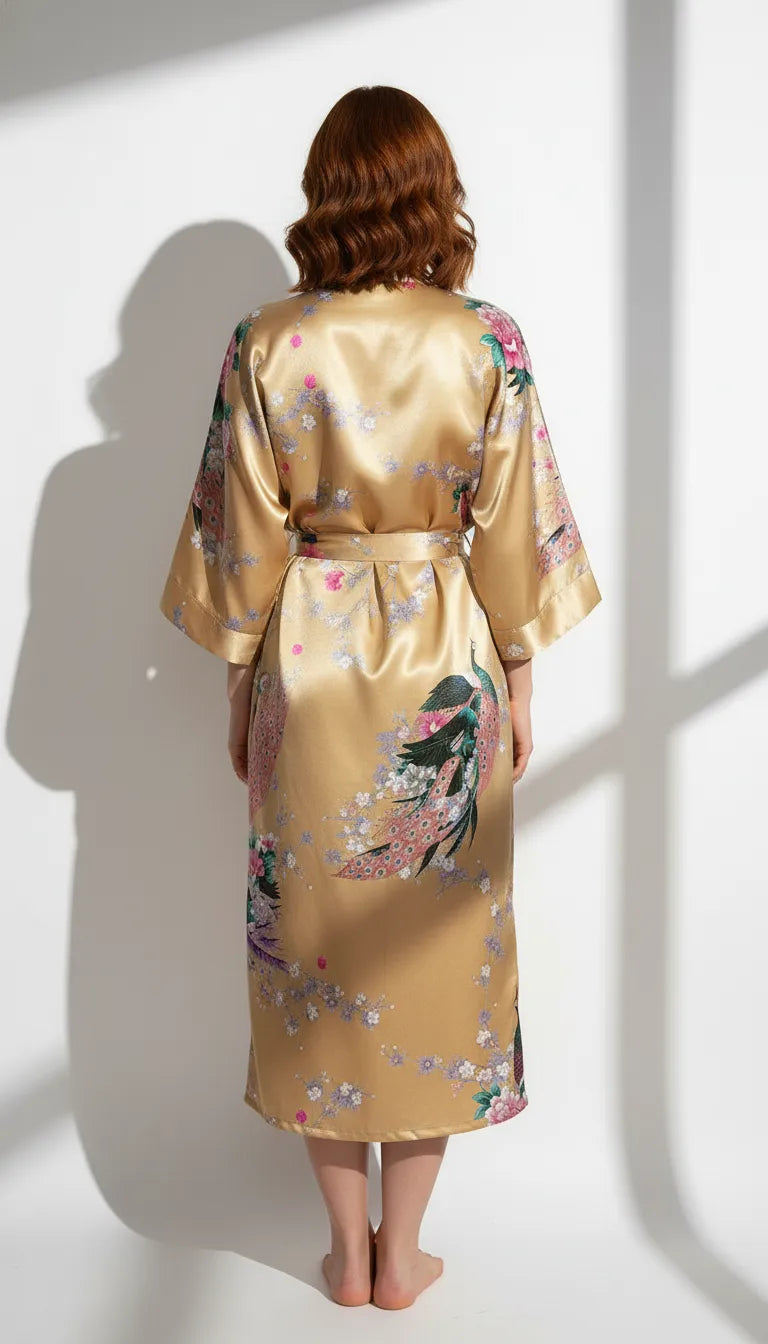 Kimono Satin Doré Femme | Style Romantique et Floral | Kimono Long 1 Pièce - Vue de dos