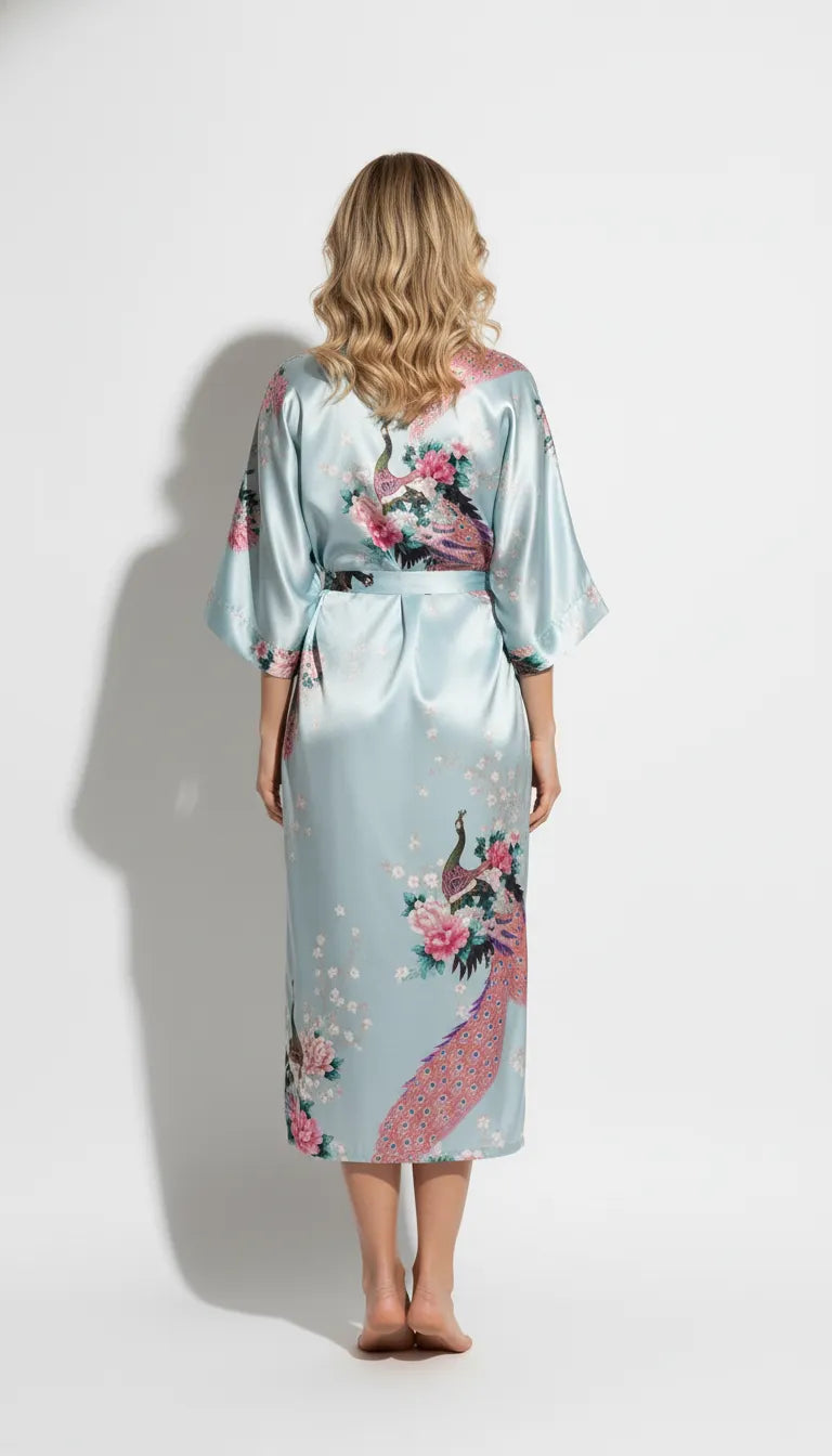 Kimono en Satin Bleu Clair pour Femme | Imprimé Paon et Floral | 1 Pièce - Vue de dos