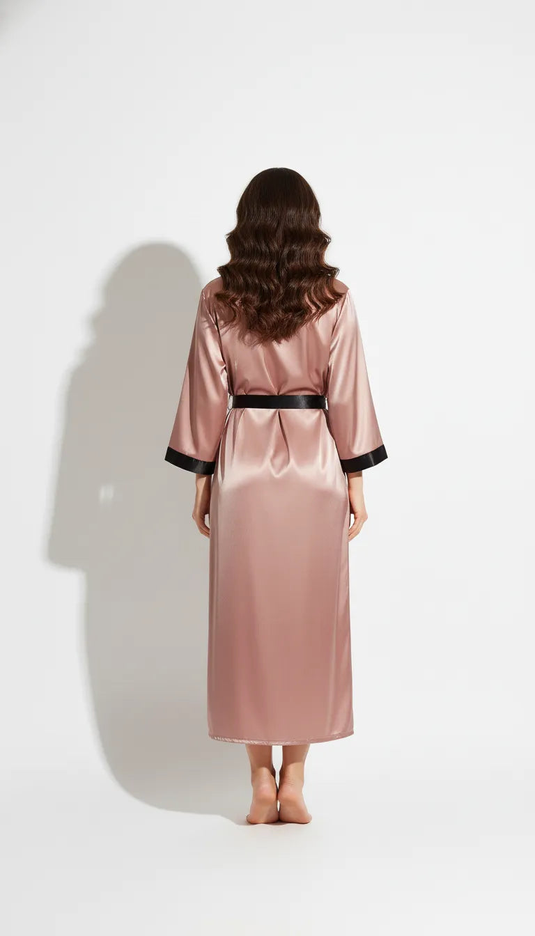 Kimono en Satin Rose et Noir pour Femme | Élégance Longue | Ceinture Noire | 1 Pièce - Vue de dos
