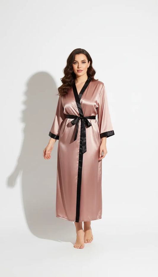 Kimono en Satin Rose et Noir pour Femme | Élégance Longue | Ceinture Noire | 1 Pièce - Vue de face