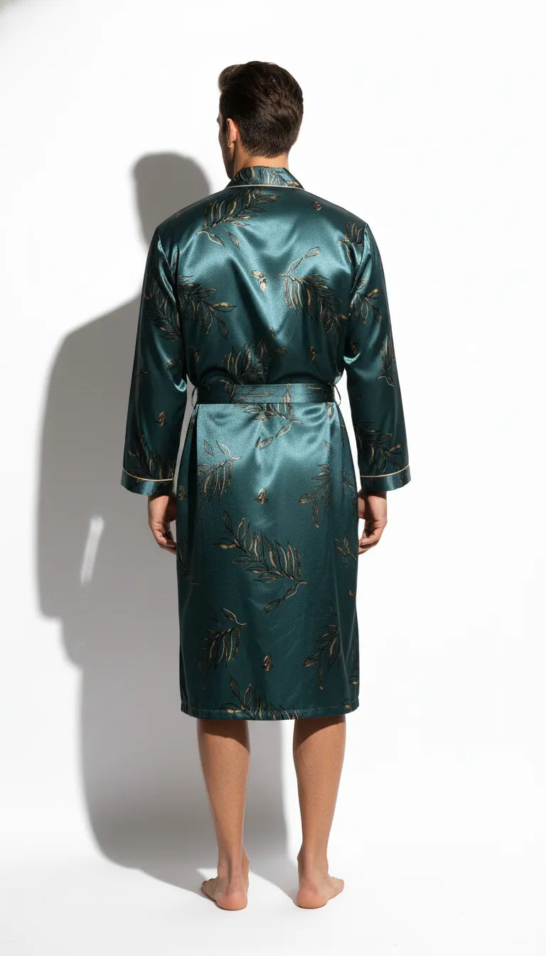 Kimono en Satin Vert Bleu pour Homme | Motif Floral Doré | Manches Longues | Longueur Mi-Mollet | 1 Pièce - Vue de dos