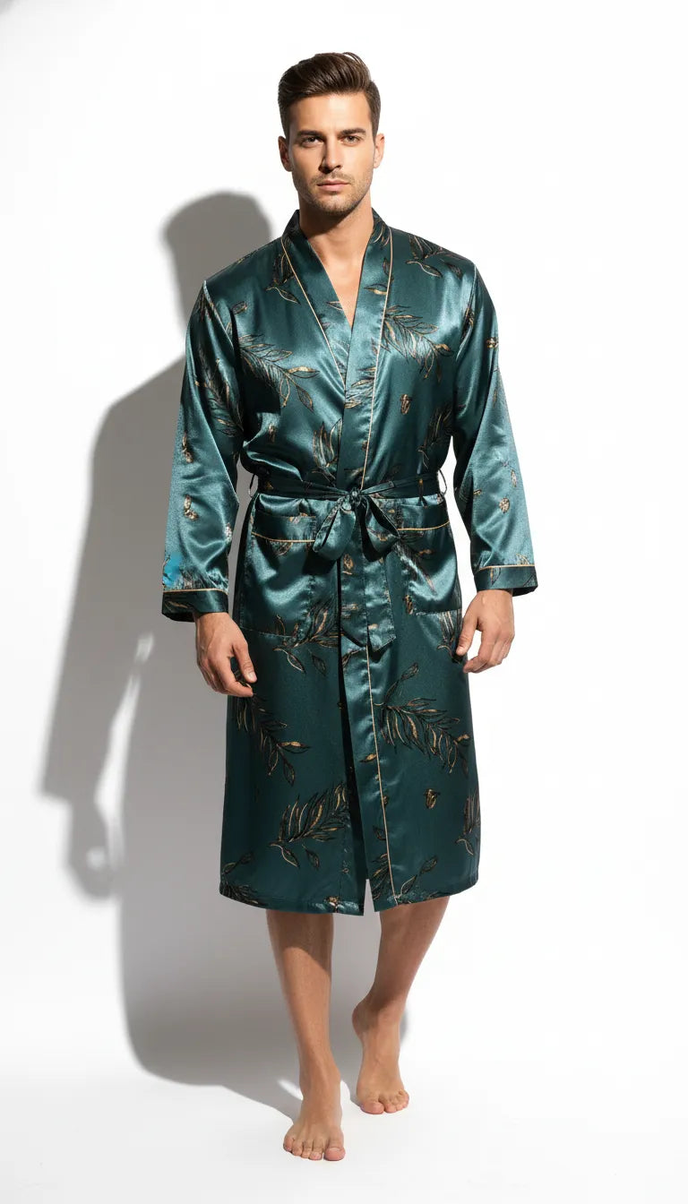 Kimono en Satin Vert Bleu pour Homme | Motif Floral Doré | Manches Longues | Longueur Mi-Mollet | 1 Pièce - Vue de face